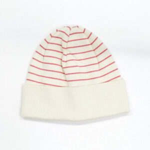 Strickmütze Umschlag Bio-Baumwolle gestreift GOTS - Wollweiß/Erdbeereis