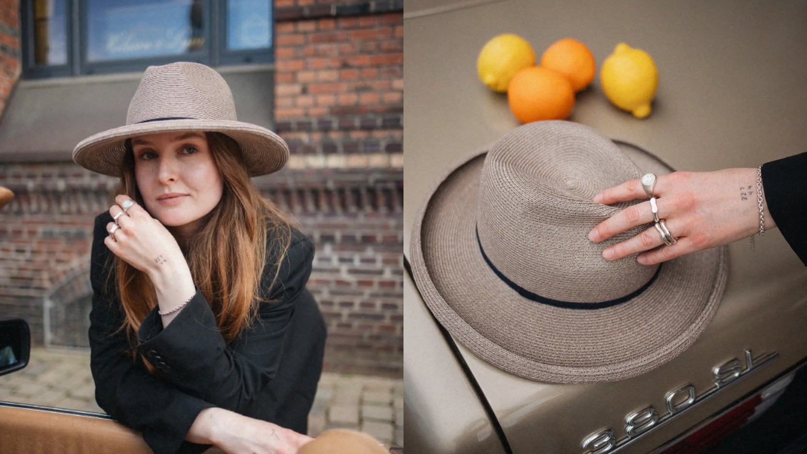 Collage von Hut aus dem Atelier Falkenhagen Modell Alexis zu schwarzem Outfit getragen von rothaariger Frau und Detailaufnahme vom Hut auf Oldtimer-Fläche mit Zitronen