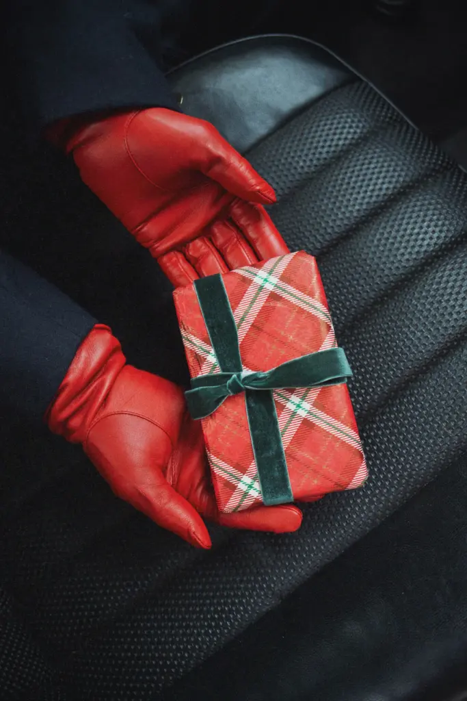 Geschenke Guide Rote Handschuhe aus Leder mit Geschenk in rot kariertem Papier mit grünen Akzenten auf einem Autositz